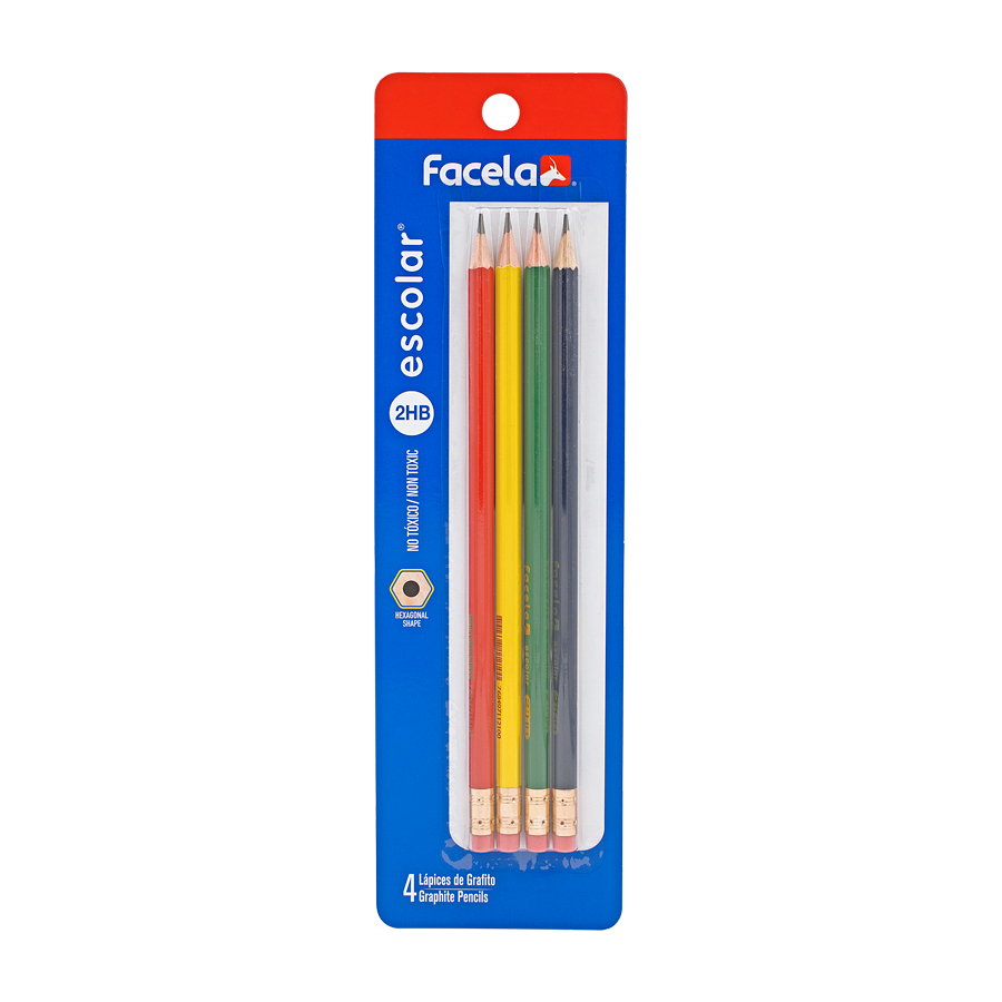 Viene en un práctico blíster de cartón de 4 unidades, con colores vibrantes que incluyen tonos ideales para actividades creativas. Su diseño hexagonal permite un agarre cómodo y firme. Perfecto tanto para la escuela como para el hogar, estos lápices de grafito son ideales para escribir o incluso para proyectos artísticos.