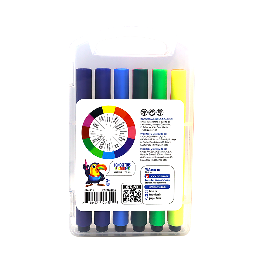 Los Marcadores Triangulares ofrecen una experiencia de escritura y dibujo cómoda y precisa.

Con punta redonda y colores intensos y brillantes, estos marcadores son ideales para todo tipo de actividades artísticas, manualidades y trabajos escolares. Presentados en un estuche plástico resistente, los marcadores triangulares vienen en 12 unidades, proporcionando una amplia gama de colores vibrantes para tu creatividad.