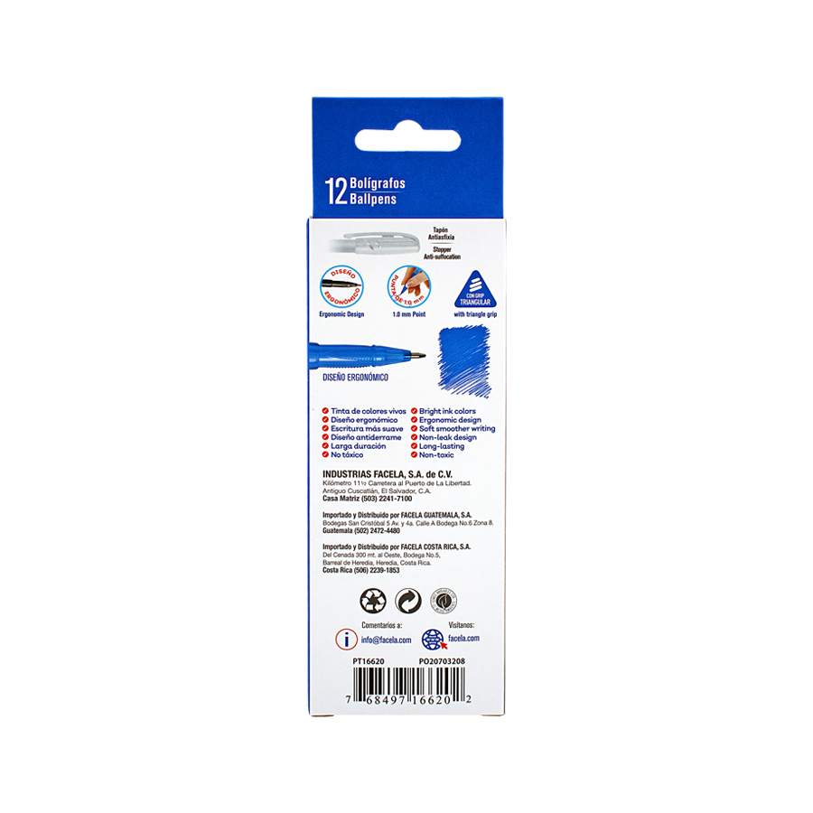 Obtén precisión y comodidad con esta docena de bolígrafos de punta de 1.0mm en color azul, ideales para el hogar, oficina o la escuela.&nbsp;

Su punto de 1.0mm ofrece un trazo fino y nítido, perfecto para escribir, subrayar o hacer anotaciones destacadas. Además, su agarre ergonómico proporciona una experiencia de escritura cómoda para largas sesiones, evitando molestias en la mano.