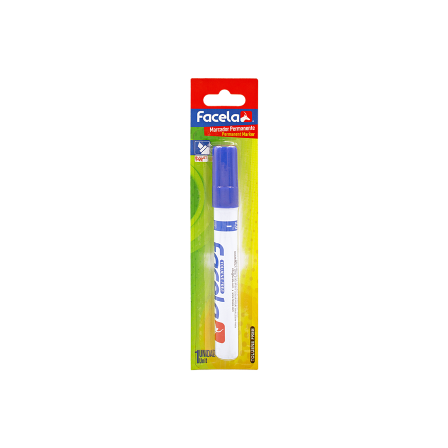 El Marcador Permanente Azul Facela es la opción ideal para marcar, escribir o realizar trabajos de manera duradera.

Su tinta de alta calidad permite escribir en diversas superficies como papel, cartón, plástico y madera, garantizando una escritura permanente.