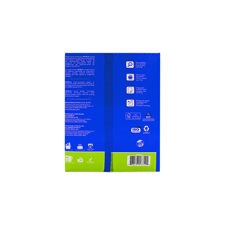 Es una opción confiable para todas tus necesidades de impresión y escritura. Con 75 g/m² de grosor y 500 hojas por paquete, esta resma es ideal para oficinas, escuelas y uso personal. Su versatilidad la hace perfecta para imprimir documentos, escribir notas o realizar proyectos escolares y de oficina.

Además, su calidad superior garantiza un rendimiento excelente en fotocopiadoras, impresoras láser y de inyección de tinta.